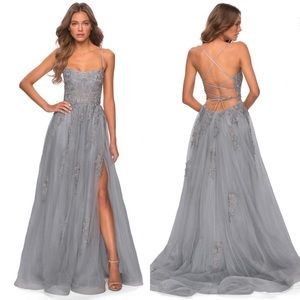 La Femme Silver Gray Lace-Up Back Tulle Maxi Gown